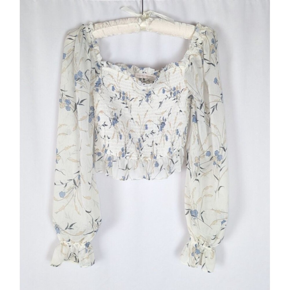 Pookie & Sebastian Blouse S Women's White Floral Cropped Long Sleeve Coquette